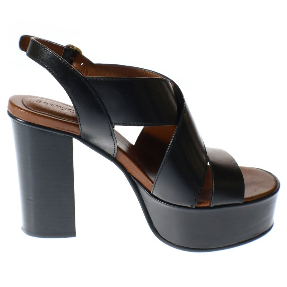 SEE BY CHLOE(シーバイクロエ) LEATHER SANDALS クロスデザイン レザー ハイヒール サンダル レディース ブラック/ブラウン SB34075A