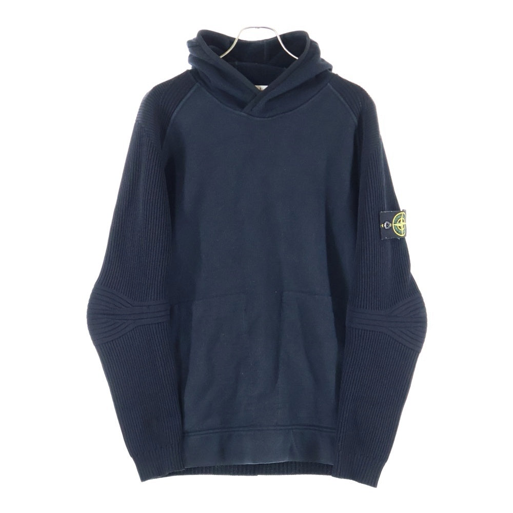 STONE ISLAND(ストーンアイランド) ニット切替 裏起毛 コンパスパッチ スウェット プルオーバーパーカー ブラック 651565836