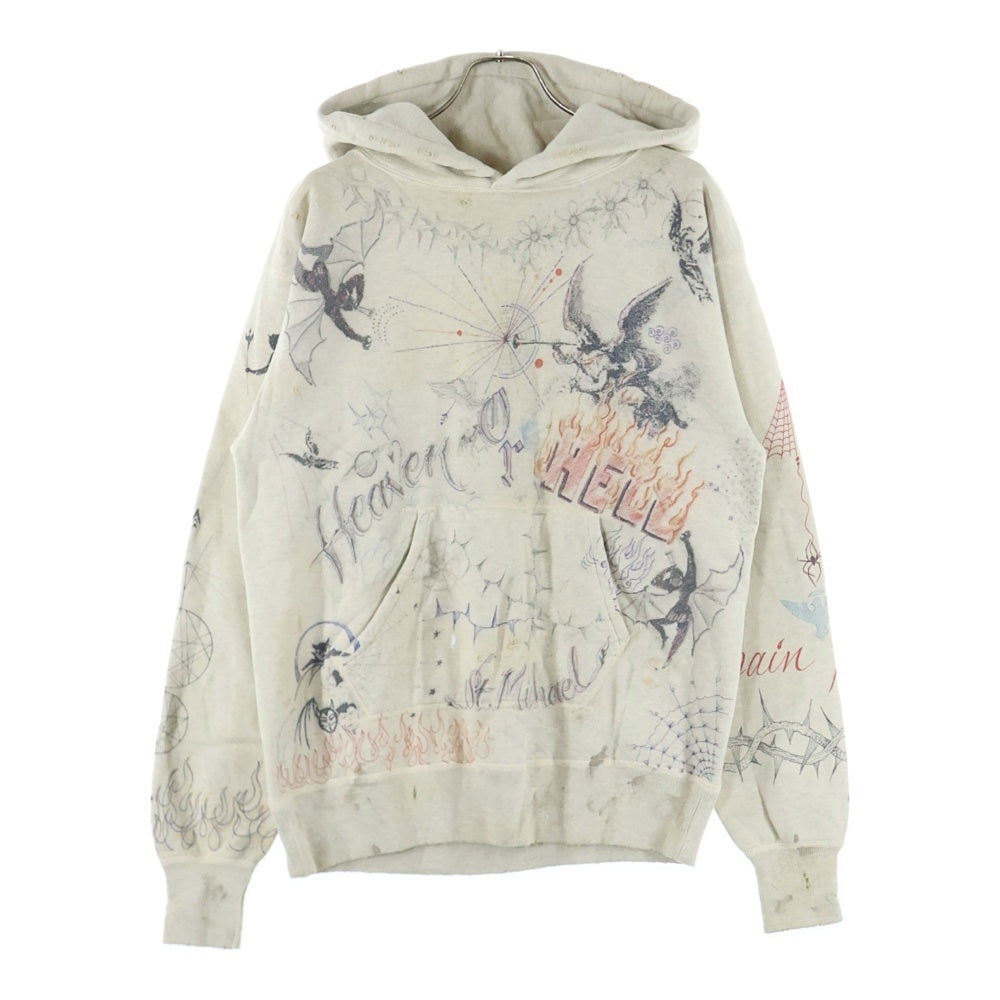 SAINT MICHAEL(セントマイケル) 21AW ×Dr.Woo HOODIE ドクターウー フーディ ペイントデザイン ヴィンテージ加工 プルオーバースウェットパーカー ベージュ SM-A21-0000-056