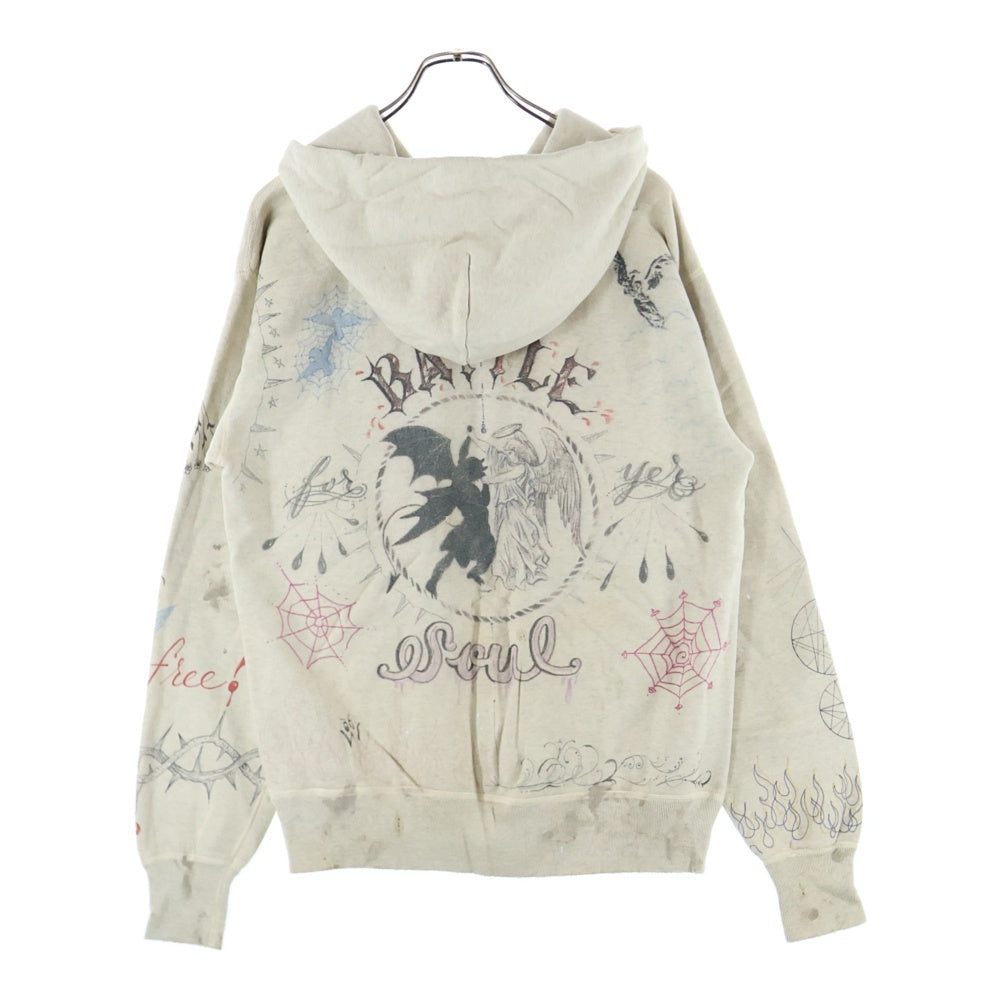 SAINT MICHAEL(セントマイケル) 21AW ×Dr.Woo HOODIE ドクターウー フーディ ペイントデザイン ヴィンテージ加工 プルオーバースウェットパーカー ベージュ SM-A21-0000-056