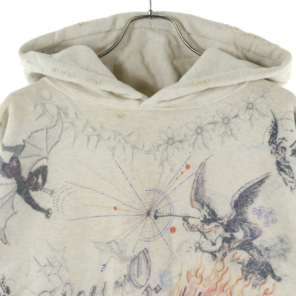 SAINT MICHAEL(セントマイケル) 21AW ×Dr.Woo HOODIE ドクターウー フーディ ペイントデザイン ヴィンテージ加工 プルオーバースウェットパーカー ベージュ SM-A21-0000-056