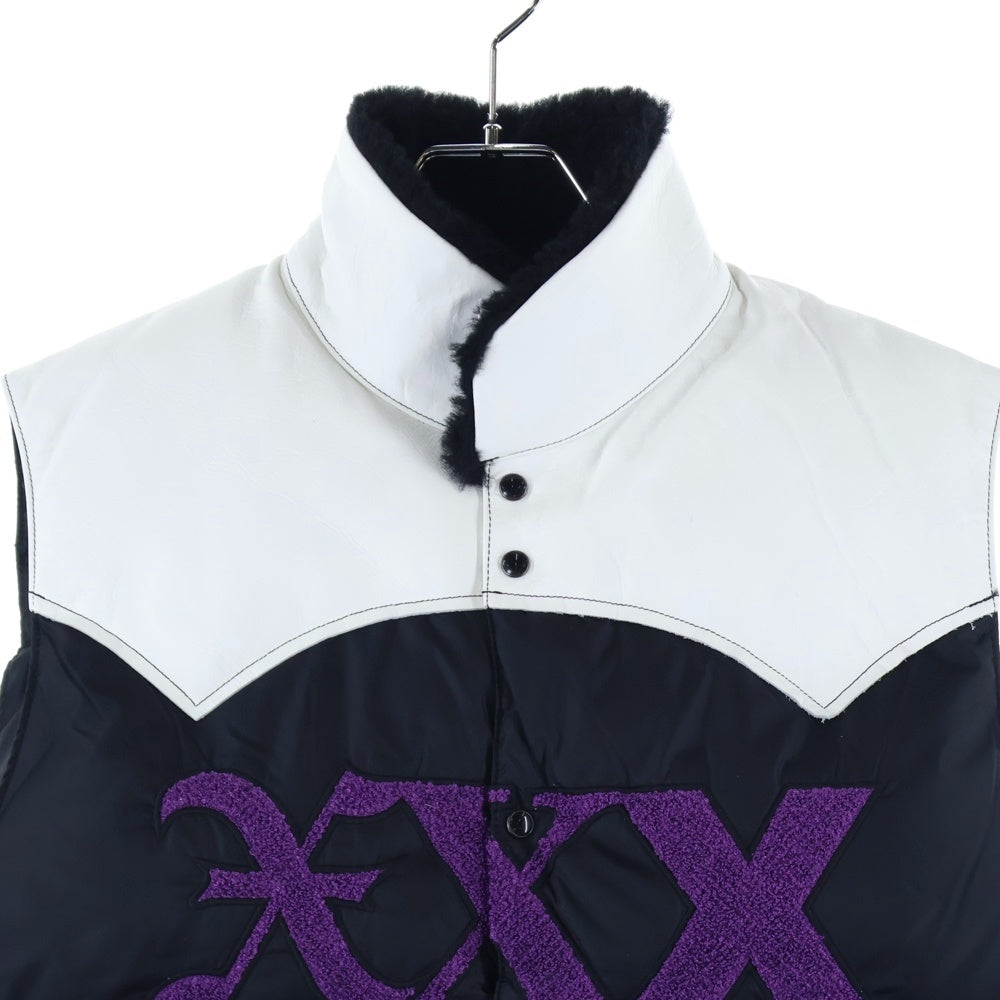 GOD SELECTION XXX(ゴッドセレクショントリプルエックス) ×ROCKY MOUNTAIN FEATHERBED ロッキー マウンテン フェザーベット レザー ナイロン切替 ロゴエンブロイダリー ダウンベスト ブラック/ホワイト 290-192-16