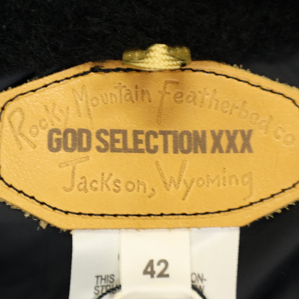GOD SELECTION XXX(ゴッドセレクショントリプルエックス) ×ROCKY MOUNTAIN FEATHERBED ロッキー マウンテン フェザーベット レザー ナイロン切替 ロゴエンブロイダリー ダウンベスト ブラック/ホワイト 290-192-16
