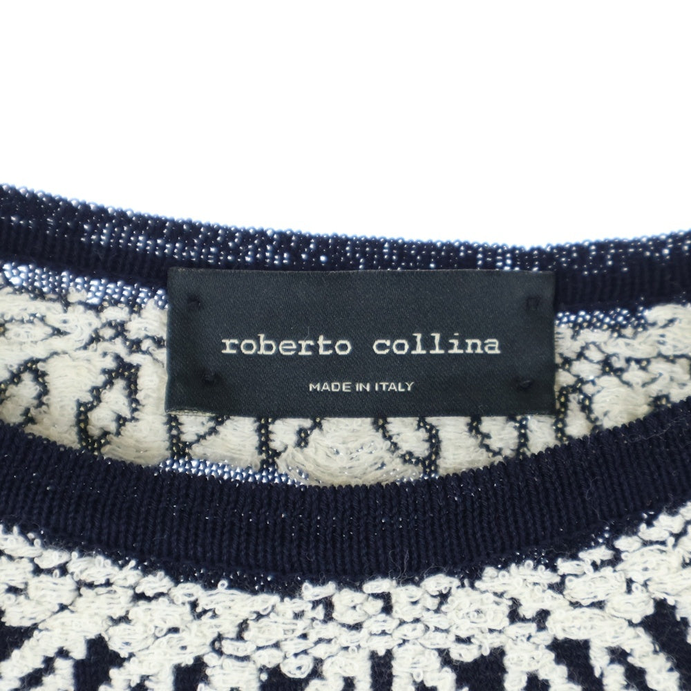 roberto collina(ロベルトコリーナ) 総柄 クルーネック半袖Tシャツ カットソー レディース ネイビー V12014