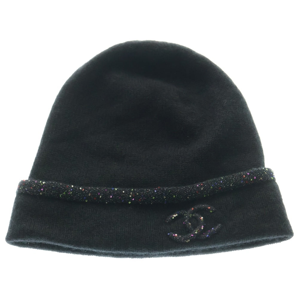 CHANEL(シャネル) スパンコールデザイン ココマーク カシミア ニットキャップ 帽子 ブラック レディース