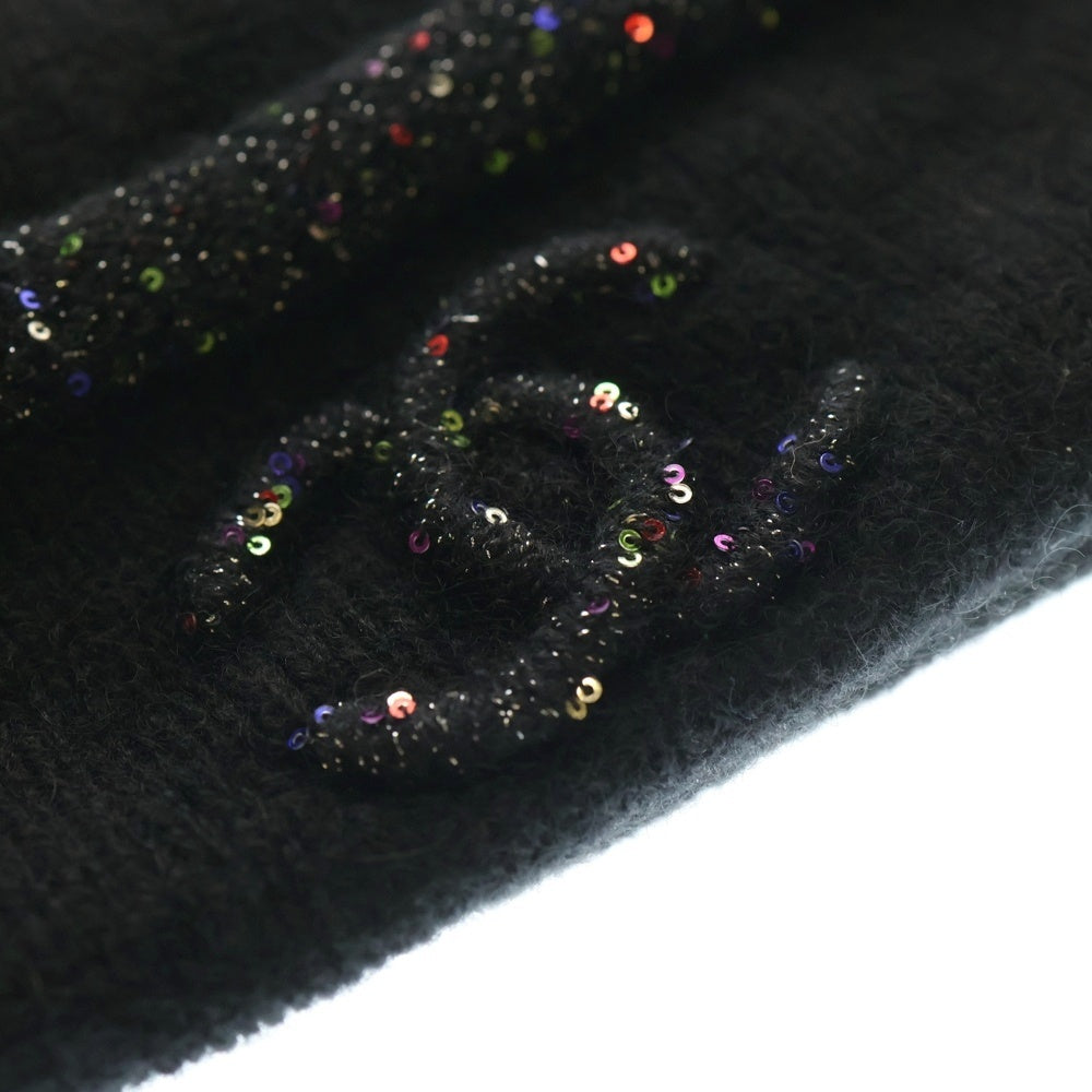 CHANEL(シャネル) スパンコールデザイン ココマーク カシミア ニットキャップ 帽子 ブラック レディース