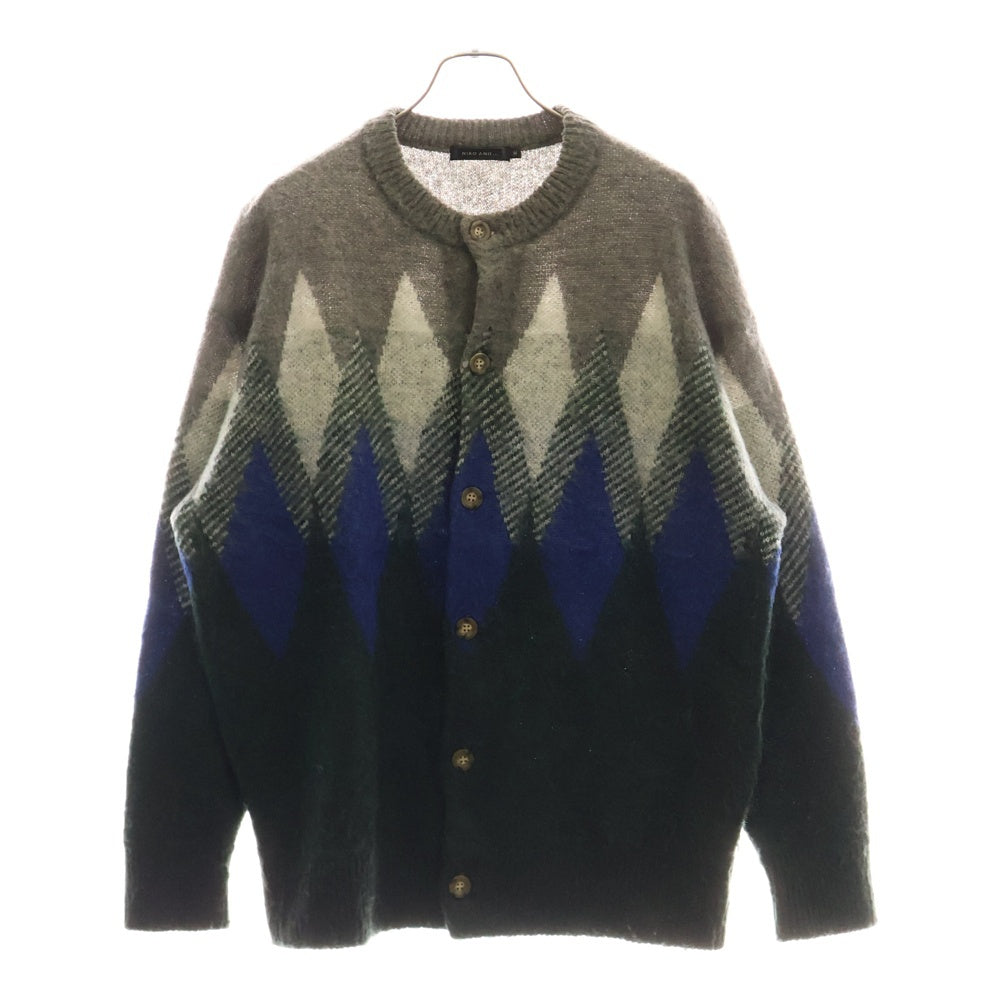 niko and(ニコアンド) モヘヤ混 総柄 長袖ウールニットカーディガン グレー/グリーン/ブルー 970808