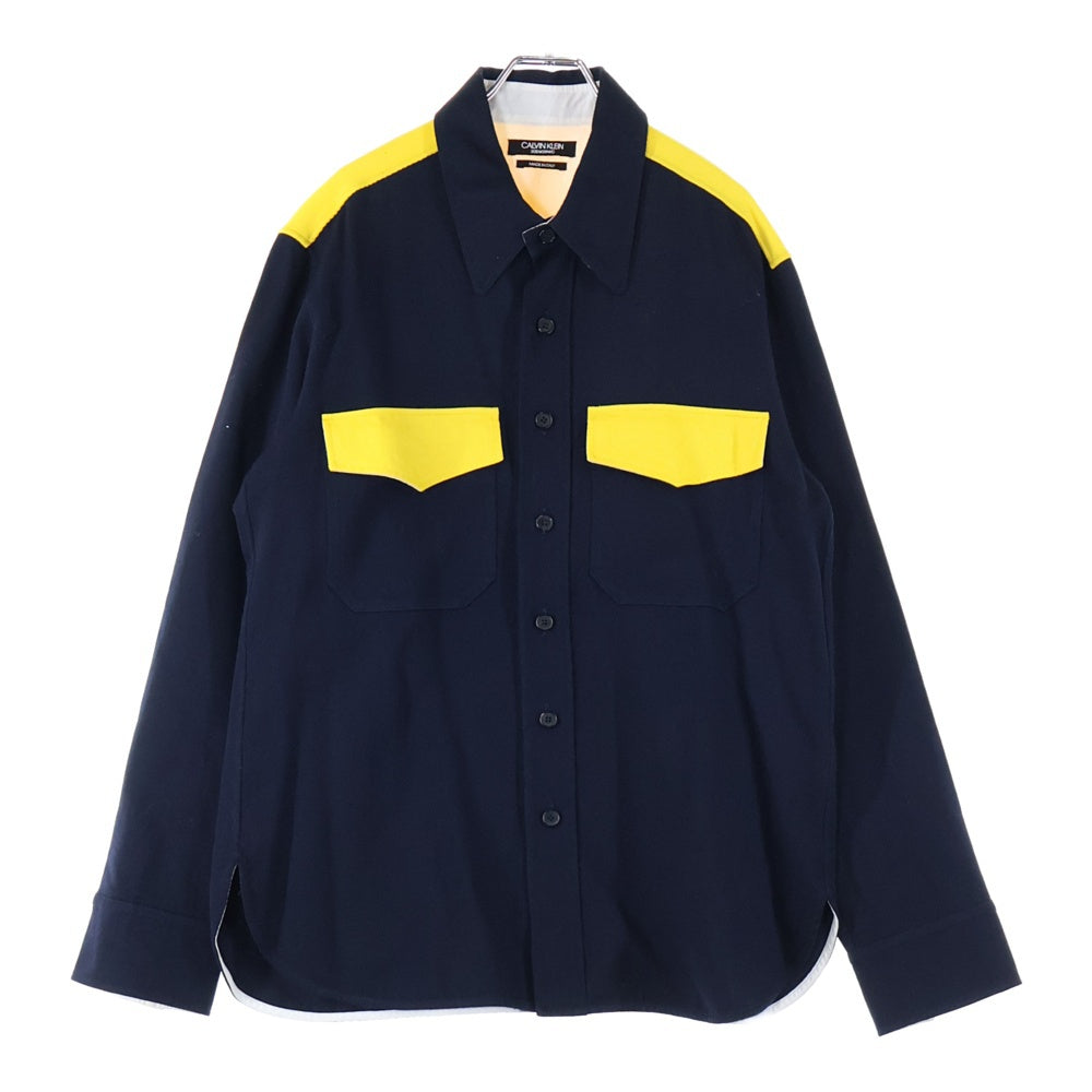 Calvin Klein(カルバンクライン) レギュラーカラー ボタンダウン 長袖 ウエスタンシャツ ネイビー/イエロー