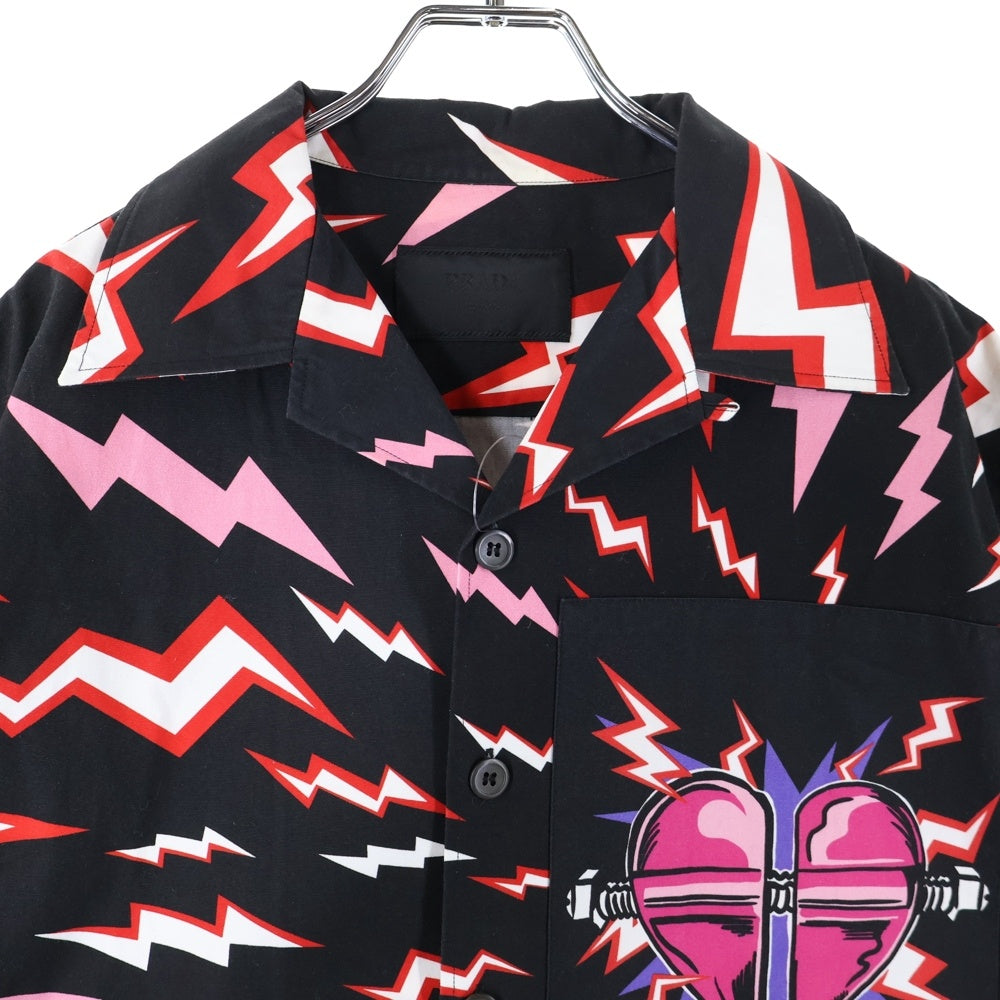 PRADA(プラダ) 19AW BLACK AND RED THUNDER PRINT SHIRT サンダーパターン ボタンダウン レギュラーカラー半袖シャツ ブラック/レッド S192 1U5R