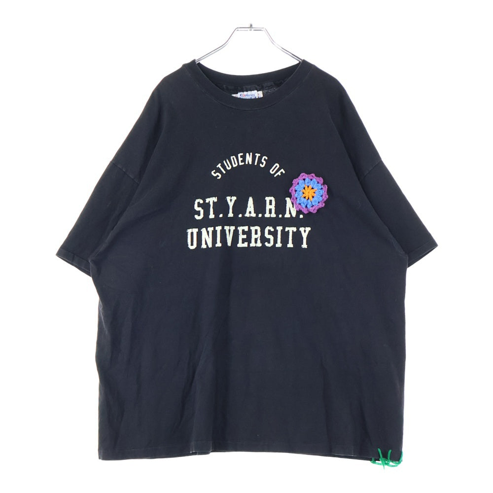 Y.A.R.N(ヤーン) 23AW MADE INUSA 90S VINTAGE TEE WITH FLOWER KNIT MOTIF 胸フラワー刺繍 フロントプリントTシャツ 90Sアメリカ製ボディ 半袖クルーネックカットソー ブラック