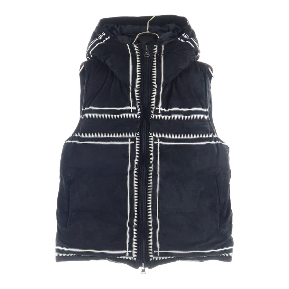 ISAMU KATAYAMA BACKLASH(イサムカタヤマバックラッシュ) 22AW KANGAROO SUEDE CROSS PRINT DOWN VEST カンガルースウェードレザー クロスプリント柄 フーデッドダウンベスト ブラック 1997-01