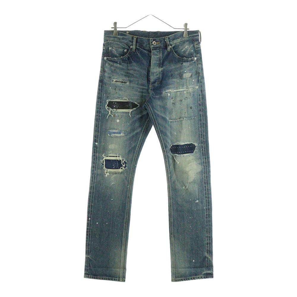 ISAMU KATAYAMA BACKLASH(イサムカタヤマバックラッシュ) 24SS ×KOSUKE MATSUI ストレッチ紺セルヴィッチ ストレートデニムパンツ ダメージ加工 ボタンフライ D-701-KO