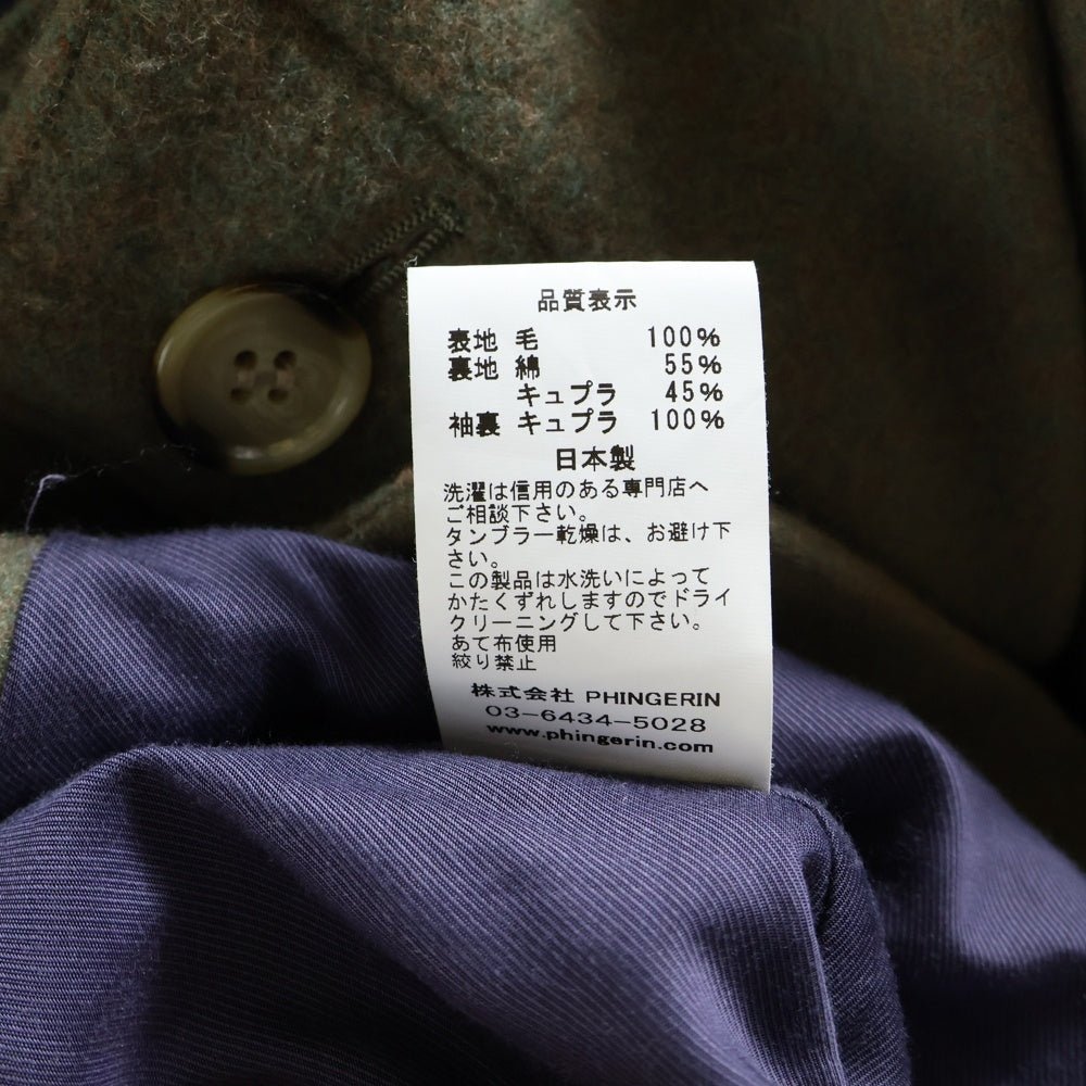 PHINGERIN(フィンガリン) 20AW 比翼ボタン 変形カラー ウールロングコート カーキ PD-202-JK-051