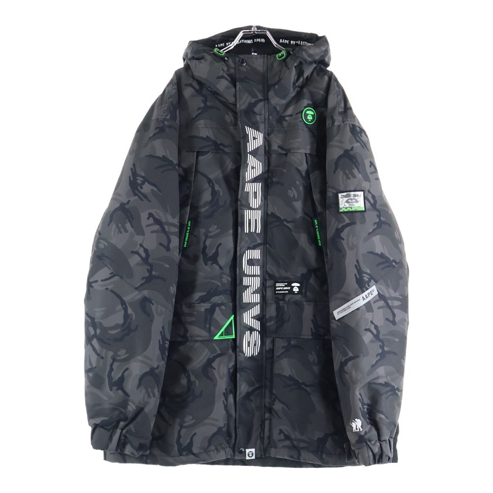 A BATHING APE(アベイシングエイプ) LOGO HOODED PUFFER JACKET GREY COMBO ロゴデザイン カモ柄 フーデッド ジップアップ ダウンジャケット ブラック AAPDNM7299XAD