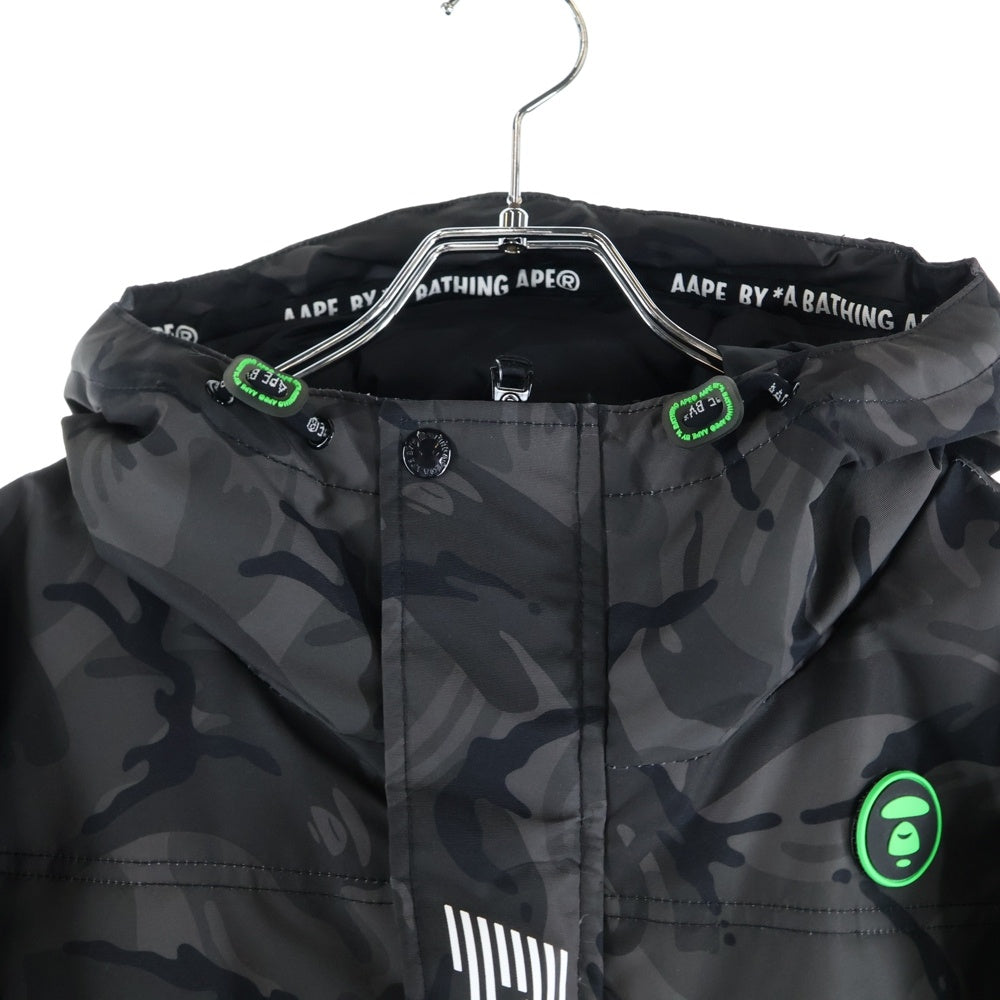A BATHING APE(アベイシングエイプ) LOGO HOODED PUFFER JACKET GREY COMBO ロゴデザイン カモ柄 フーデッド ジップアップ ダウンジャケット ブラック AAPDNM7299XAD