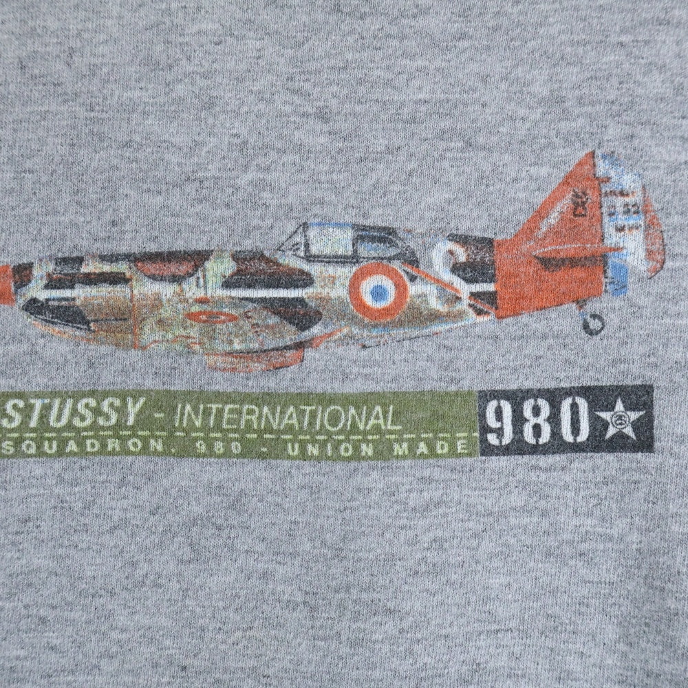 STUSSY(ステューシー) 90S VINTAGE ヴィンテージ 飛行機フロントプリント クルーネック カットソー 半袖Tシャツ グレー