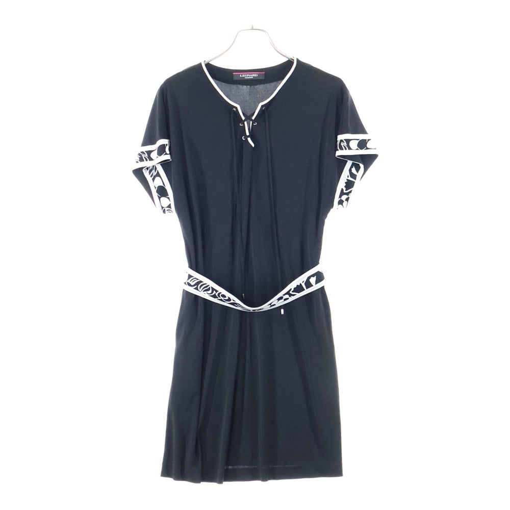 LEONARD(レオナール) 袖切替 ヘンリーネック 半袖 ワンピース レディース ブラック 0130262