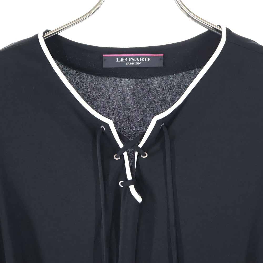LEONARD(レオナール) 袖切替 ヘンリーネック 半袖 ワンピース レディース ブラック 0130262