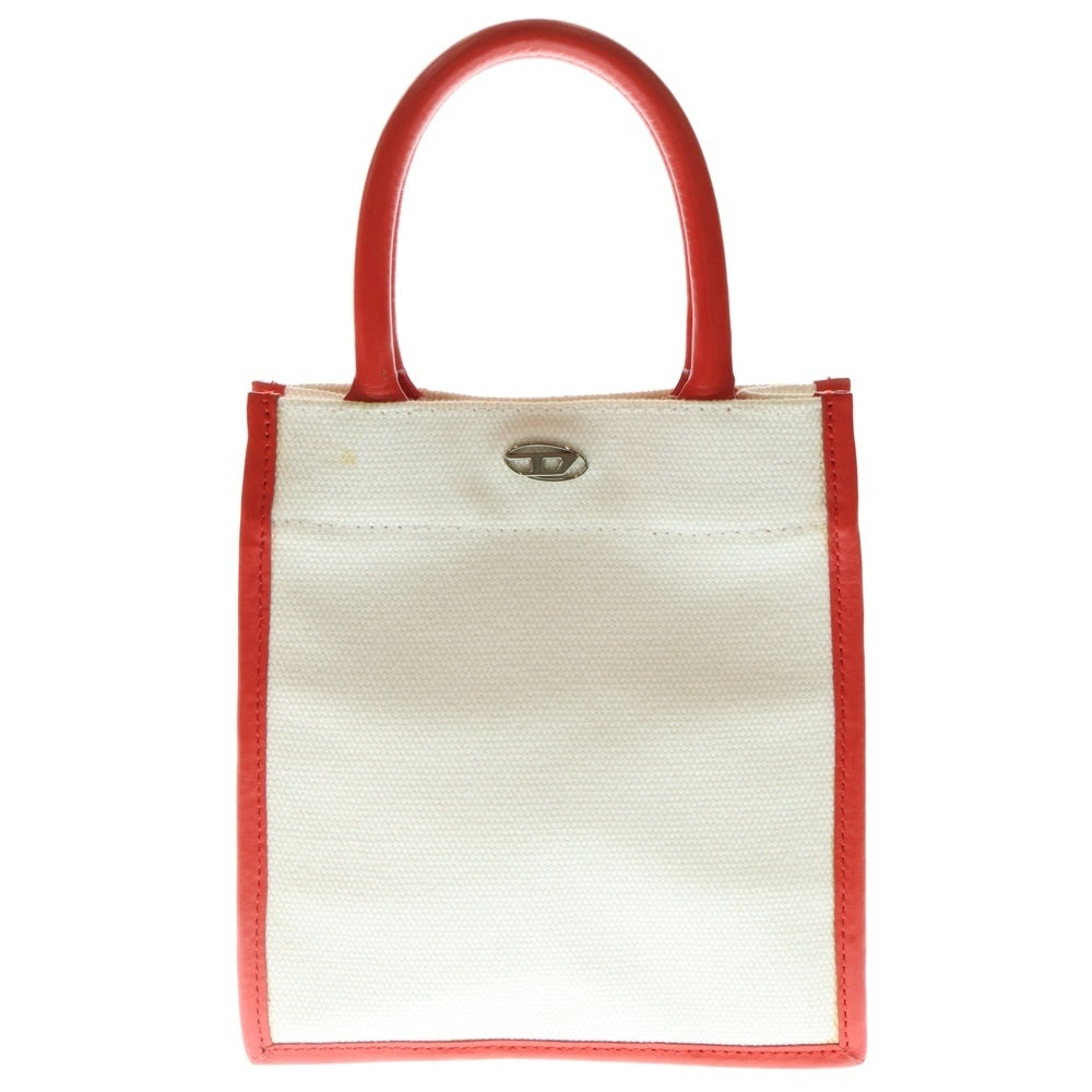 DIESEL(ディーゼル) Dロゴデザイン キャンバス生地 カードケース付き ハンドバッグ ショルダーバッグ ホワイト/レッド