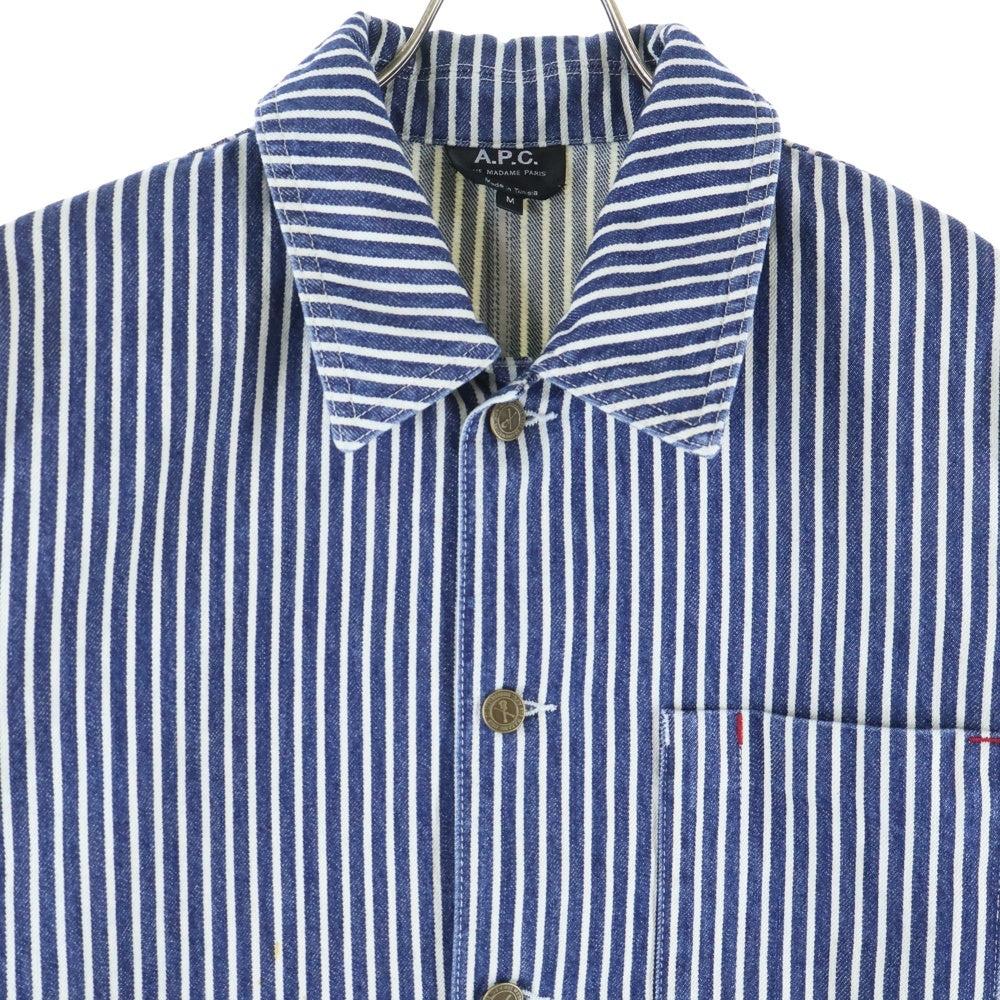 A.P.C(アーペーセー) オールドパッチ ストライプ デニム カバーオール ジャケット インディゴ/ホワイト