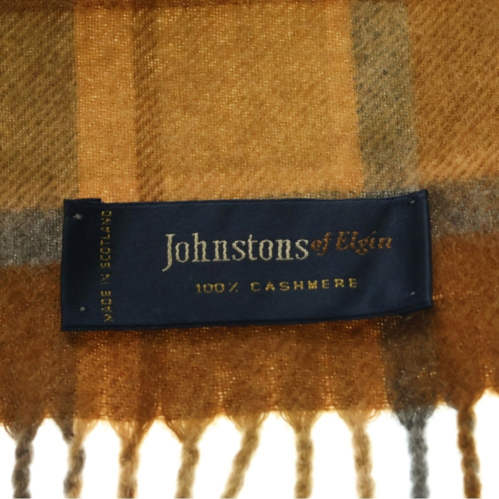 Johnstons Of Elgin(ジョンストンズ オブ エルガン) スコットランド製 チェック柄 カシミア フリンジマフラー ストール ブラウン