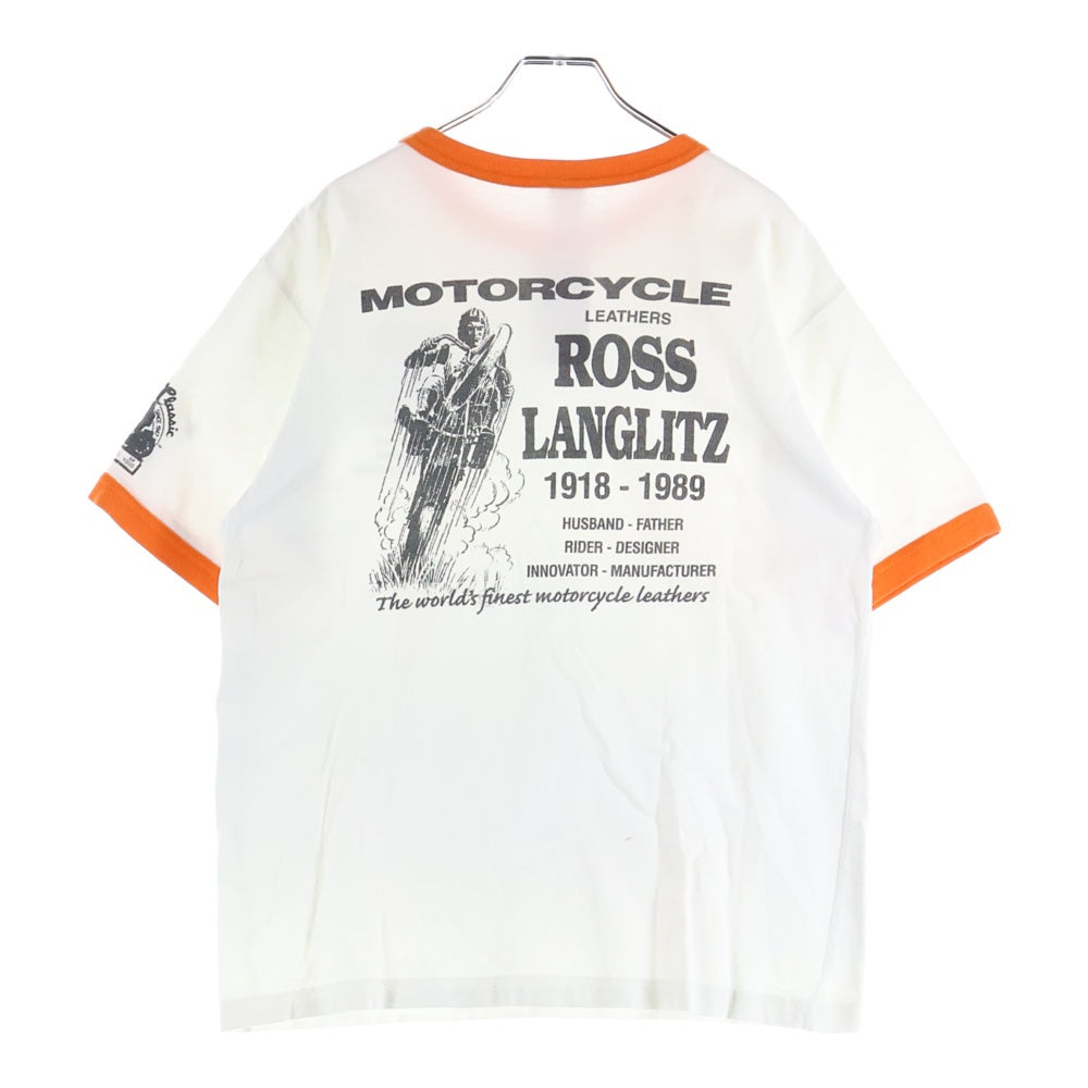 Langlitz Leathers(ラングリッツレザーズ) ROSS LANGLITZ カナダ製 両面プリント 半袖リンガーTシャツ ホワイト/オレンジ