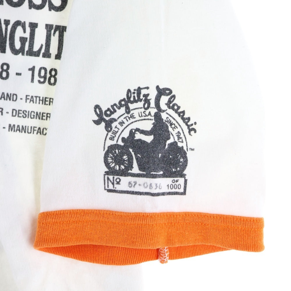 Langlitz Leathers(ラングリッツレザーズ) ROSS LANGLITZ カナダ製 両面プリント 半袖リンガーTシャツ ホワイト/オレンジ
