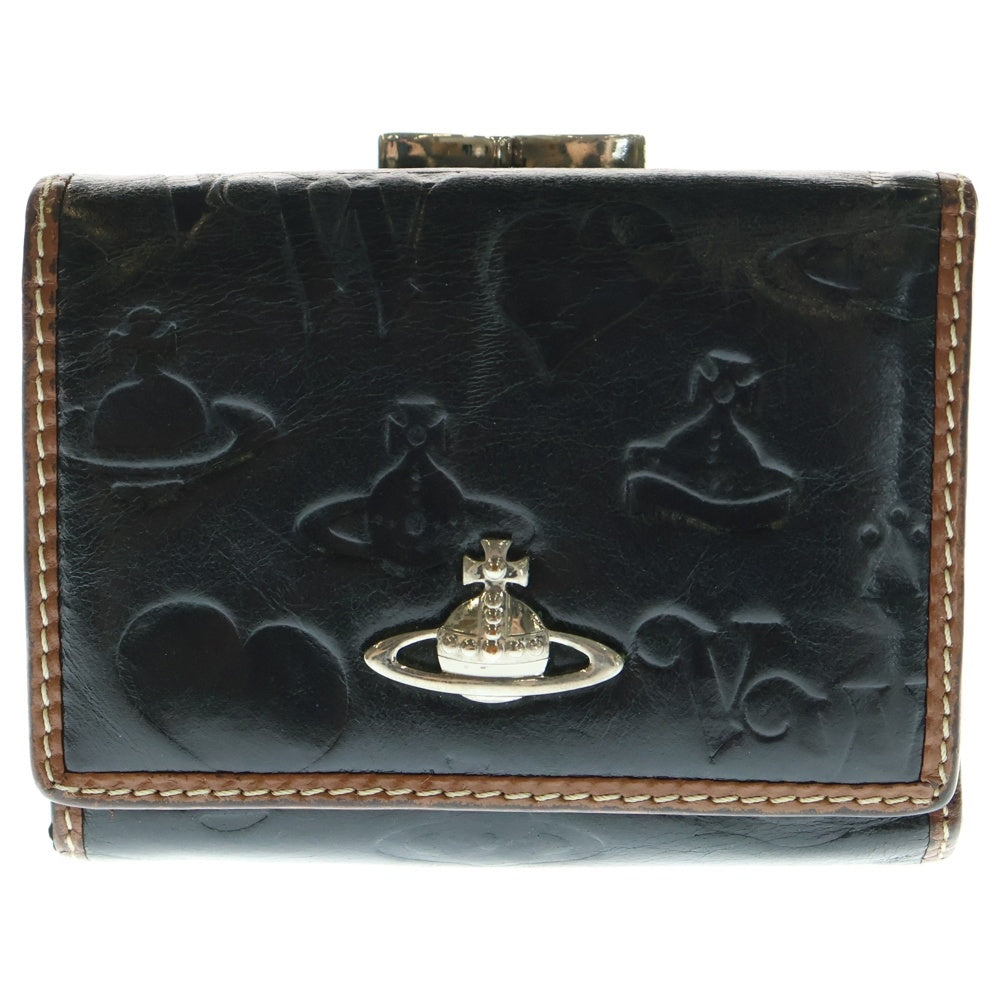 Vivienne Westwood(ヴィヴィアンウエストウッド) アウトサイドステッチ オーブロゴプレート レザー 三つ折り コンパクトウォレット 財布 ブラック/ブラウン