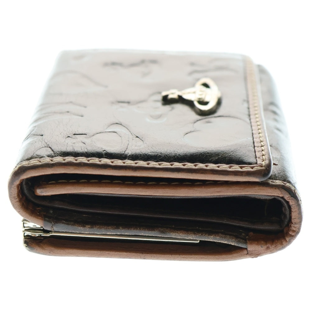 Vivienne Westwood(ヴィヴィアンウエストウッド) アウトサイドステッチ オーブロゴプレート レザー 三つ折り コンパクトウォレット 財布 ブラック/ブラウン