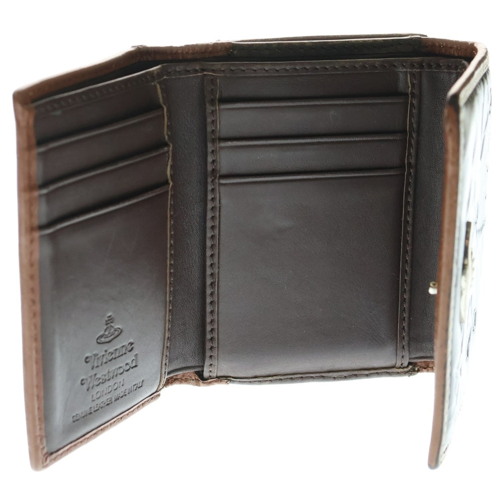 Vivienne Westwood(ヴィヴィアンウエストウッド) アウトサイドステッチ オーブロゴプレート レザー 三つ折り コンパクトウォレット 財布 ブラック/ブラウン