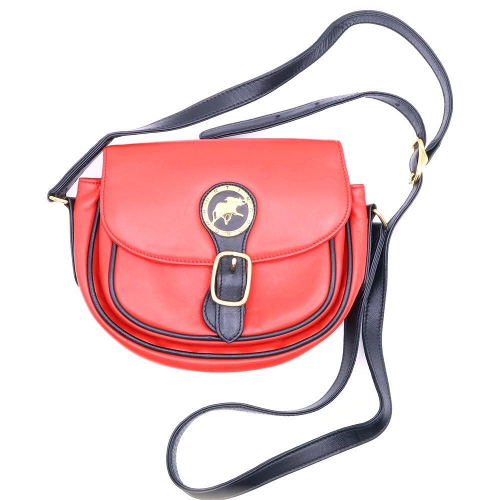 HUNTING WORLD(ハンティングワールド) ゴールドロゴ刻印 レザーショルダーバッグ ボディバッグ レッド