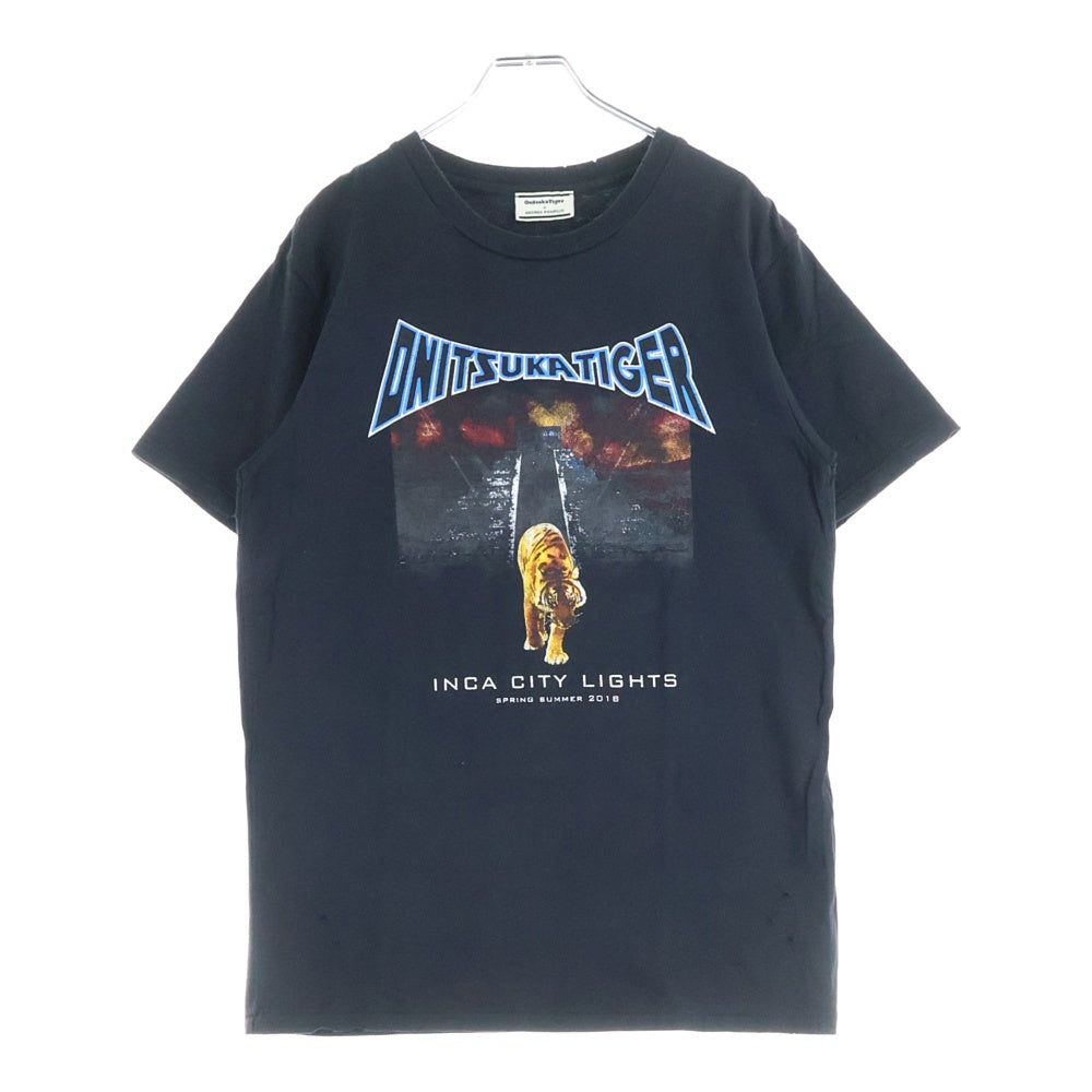 Onitsuka Tiger(オニツカタイガー) ×ANDREA POMPILIO アンドレア・ポンピリオ フロントタイガーデザイン ダメージ加工 クルーネック カットソー 半袖Tシャツ ブラック OKT125