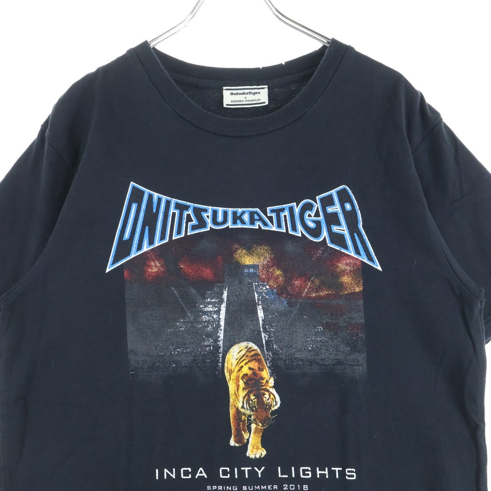 Onitsuka Tiger(オニツカタイガー) ×ANDREA POMPILIO アンドレア・ポンピリオ フロントタイガーデザイン ダメージ加工 クルーネック カットソー 半袖Tシャツ ブラック OKT125