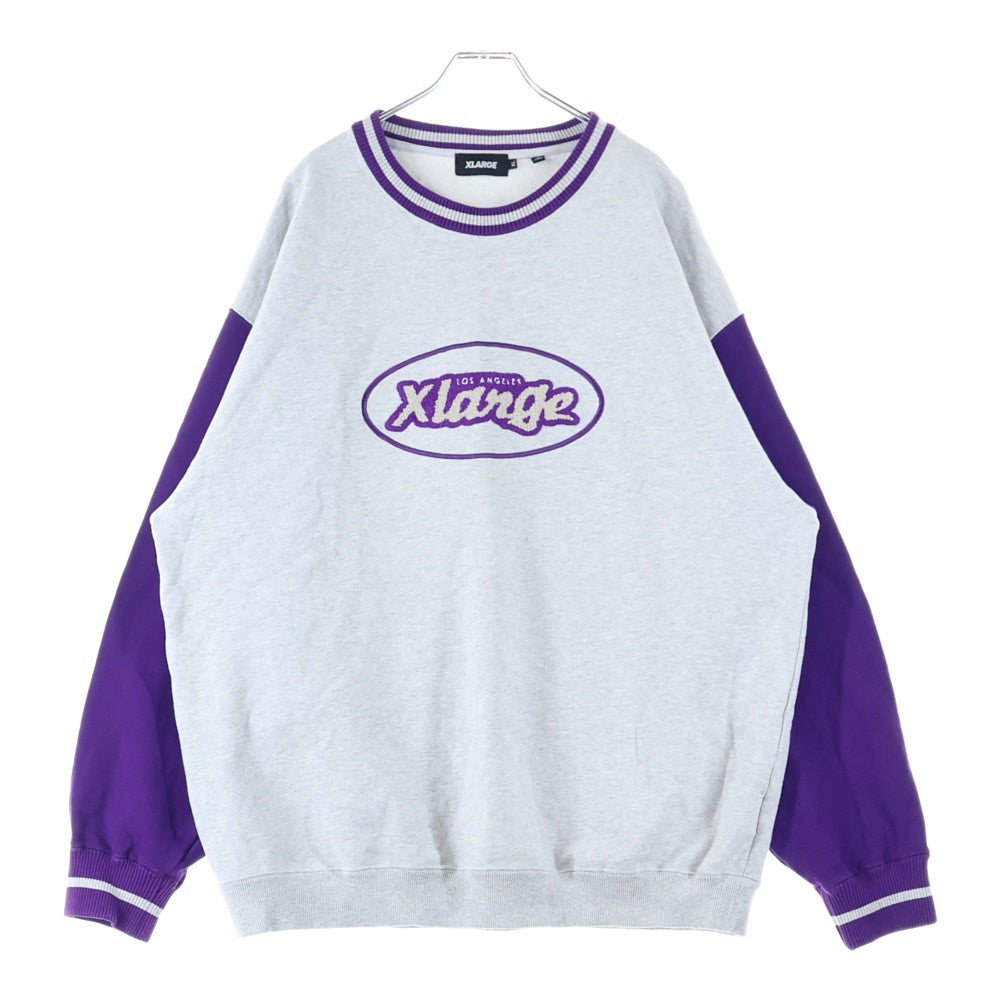 X-LARGE(エクストララージ) フロントロゴデザイン ニット切り替え クルーネック カットソー スウェット トレーナー グレー/パープル 101223012011