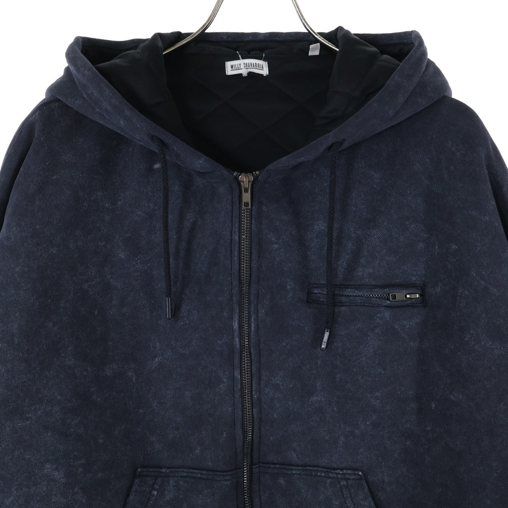 WILLY CHAVARRIA(ウィリーチャバリア) 胸ジップポケット ウォッシュド加工 ドローストリング 中綿 フーデッド ジップアップ パーカー スウェット ブラック
