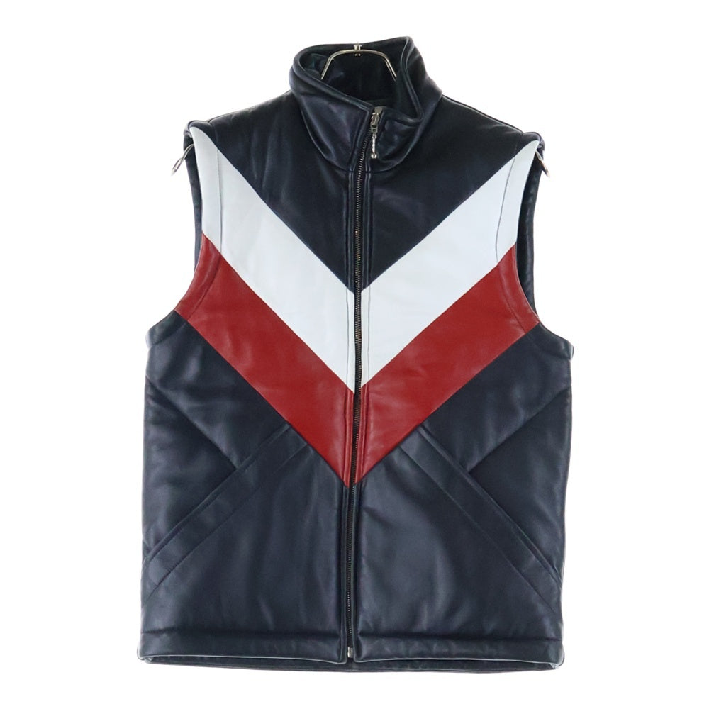 ERNEST W. BAKER(アーネストダブルベイカー) サイドポケット ジップアップ バイカーレザーベスト ブラック/レッド/ホワイト