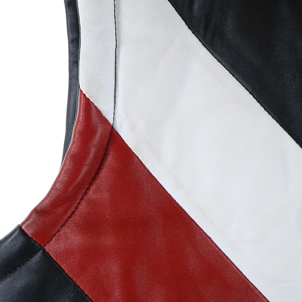 ERNEST W. BAKER(アーネストダブルベイカー) サイドポケット ジップアップ バイカーレザーベスト ブラック/レッド/ホワイト