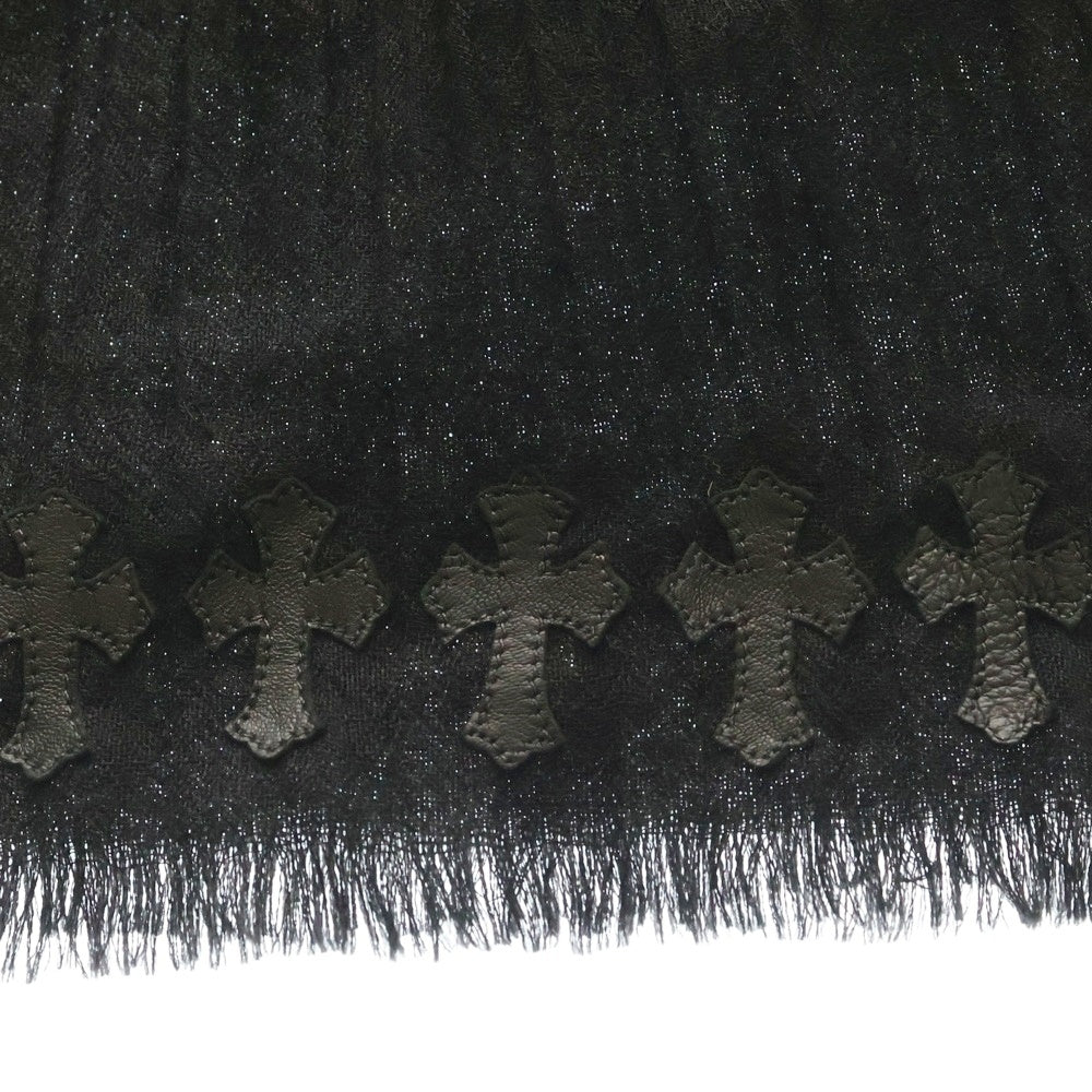 CHROME HEARTS(クロムハーツ) レザークロスパッチ カシミアシルク フリンジストール マフラー ブラック