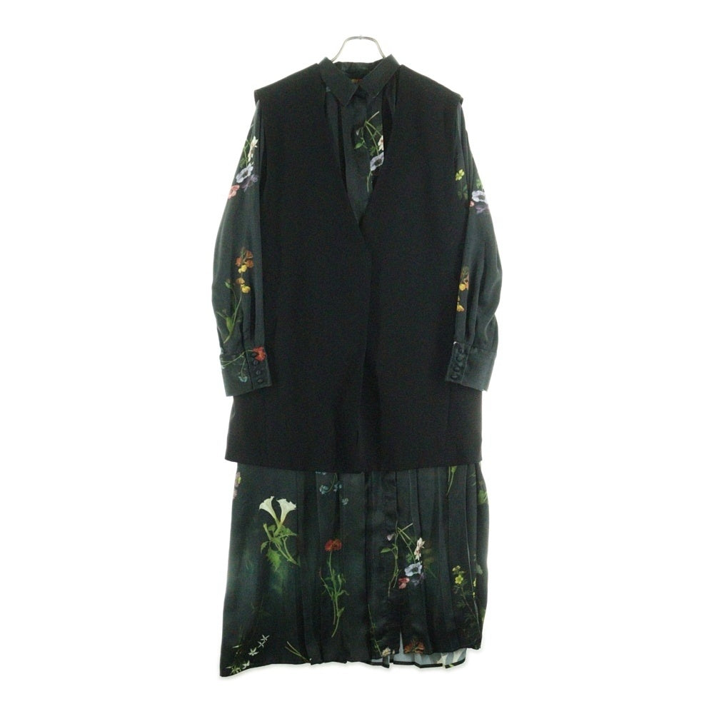 AMERI(アメリ) ボタニカルプリント ポリエステル ベストレイヤード ロングワンピース グリーン/ブラック レディース 02120550581