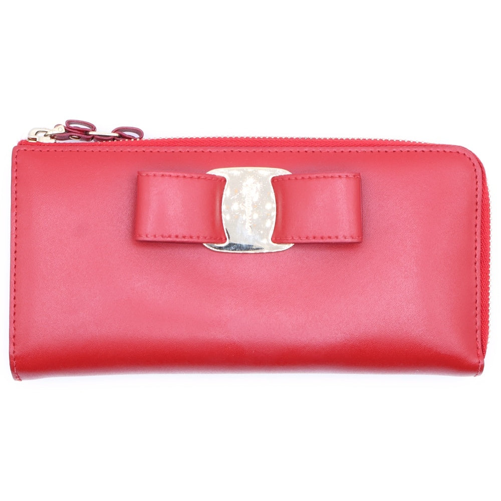 FERRAGAMO(フェラガモ) ロゴデザインプレート ヴァラリボン ロングウォレット 長財布 レッド JP-22-D239