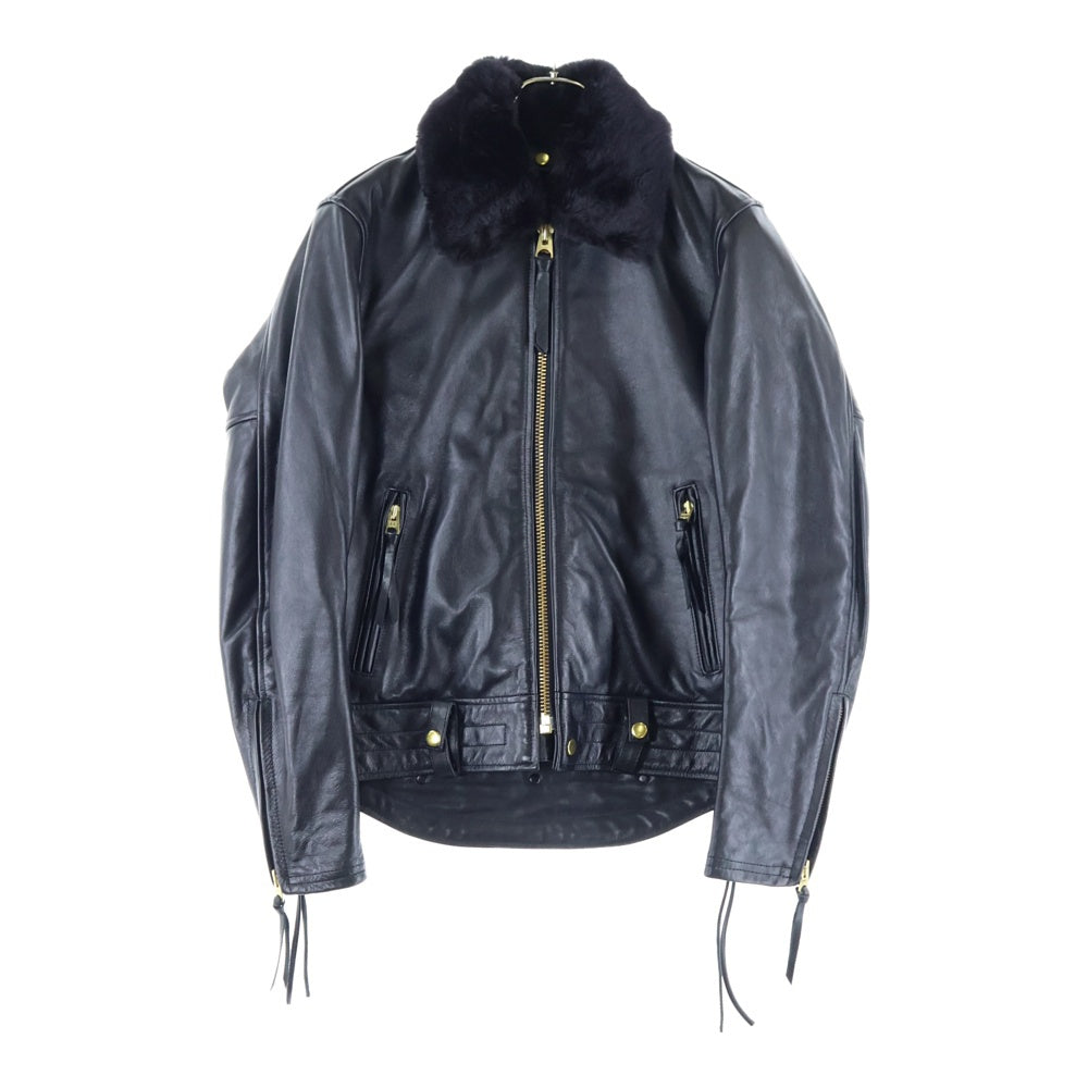 KADOYA(カドヤ) K'S LEATHER カウレザー ファー切り替え ダブルポケット アームジップ ジップアップ レザージャケット ライダース ブラック LDXCWJS-101