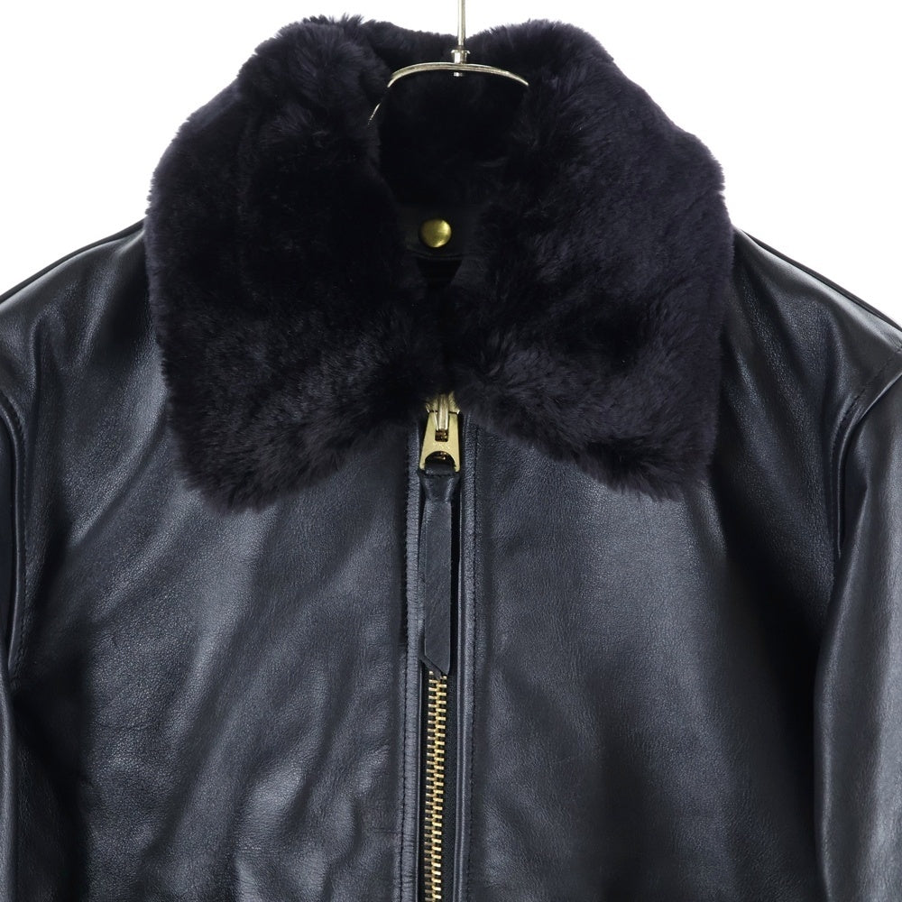 KADOYA(カドヤ) K'S LEATHER カウレザー ファー切り替え ダブルポケット アームジップ ジップアップ レザージャケット ライダース ブラック LDXCWJS-101