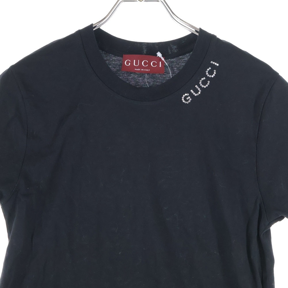 GUCCI(グッチ) 24AW クリスタル ロゴエンブロイダリー コットンジャージー クルーネック 半袖Tシャツ カットソー ブラック レディース 787299 XJGME