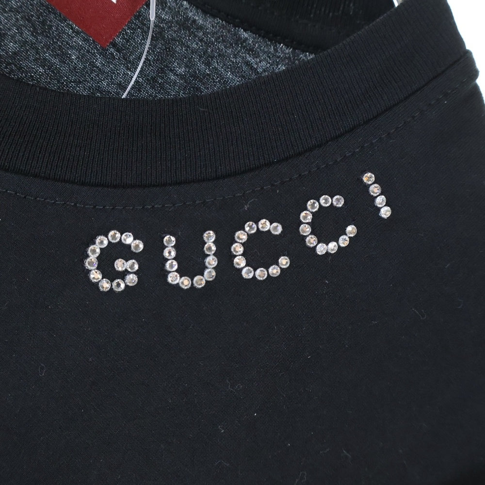 GUCCI(グッチ) 24AW クリスタル ロゴエンブロイダリー コットンジャージー クルーネック 半袖Tシャツ カットソー ブラック レディース 787299 XJGME