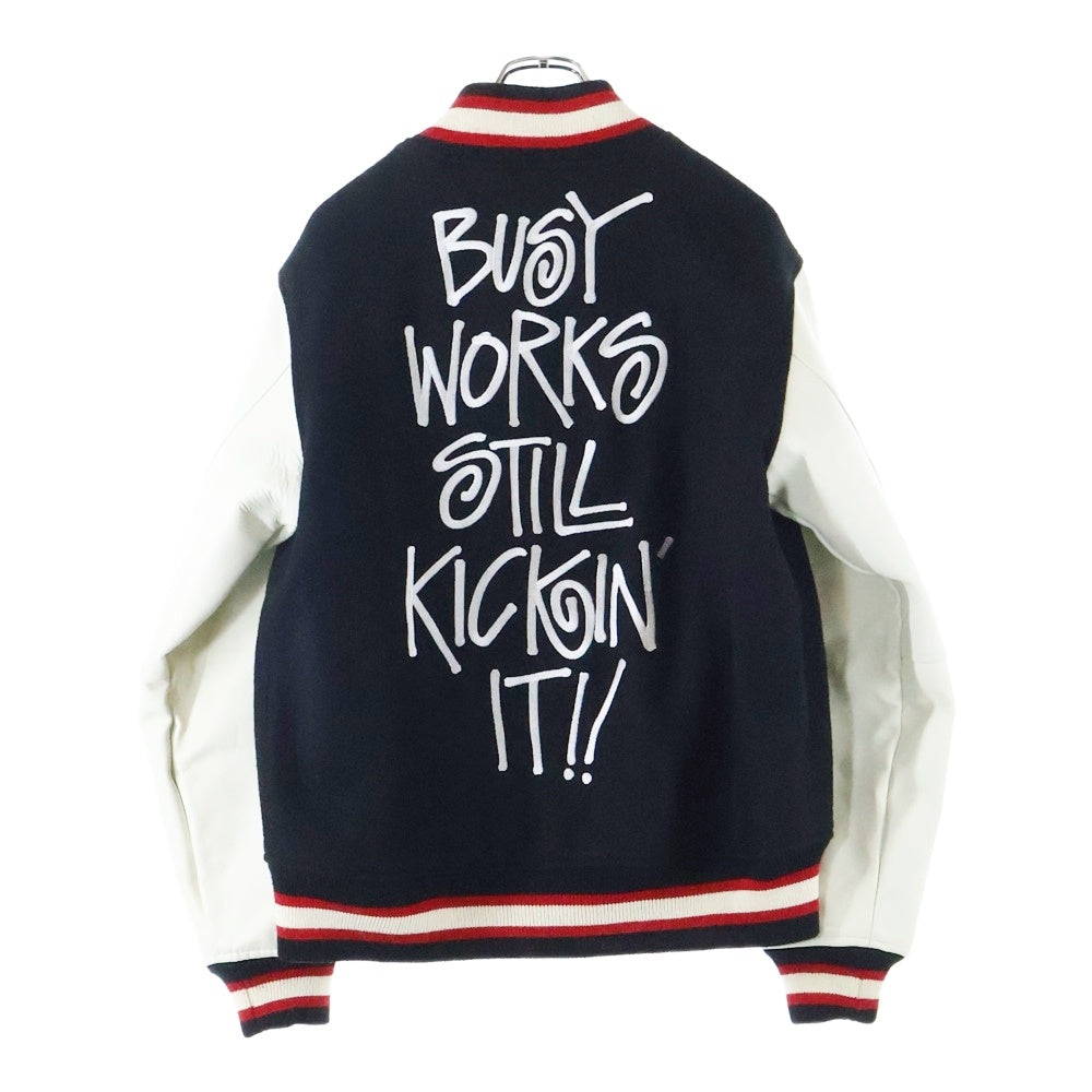 A BATHING APE(アベイシングエイプ) ×STUSSY VARSITY JACKETステューシー 胸ロゴデザインワッペン ダブルポケット バーシティージャケット スタジアムジャンパー ブラック/ホワイト 001HJ0731927X