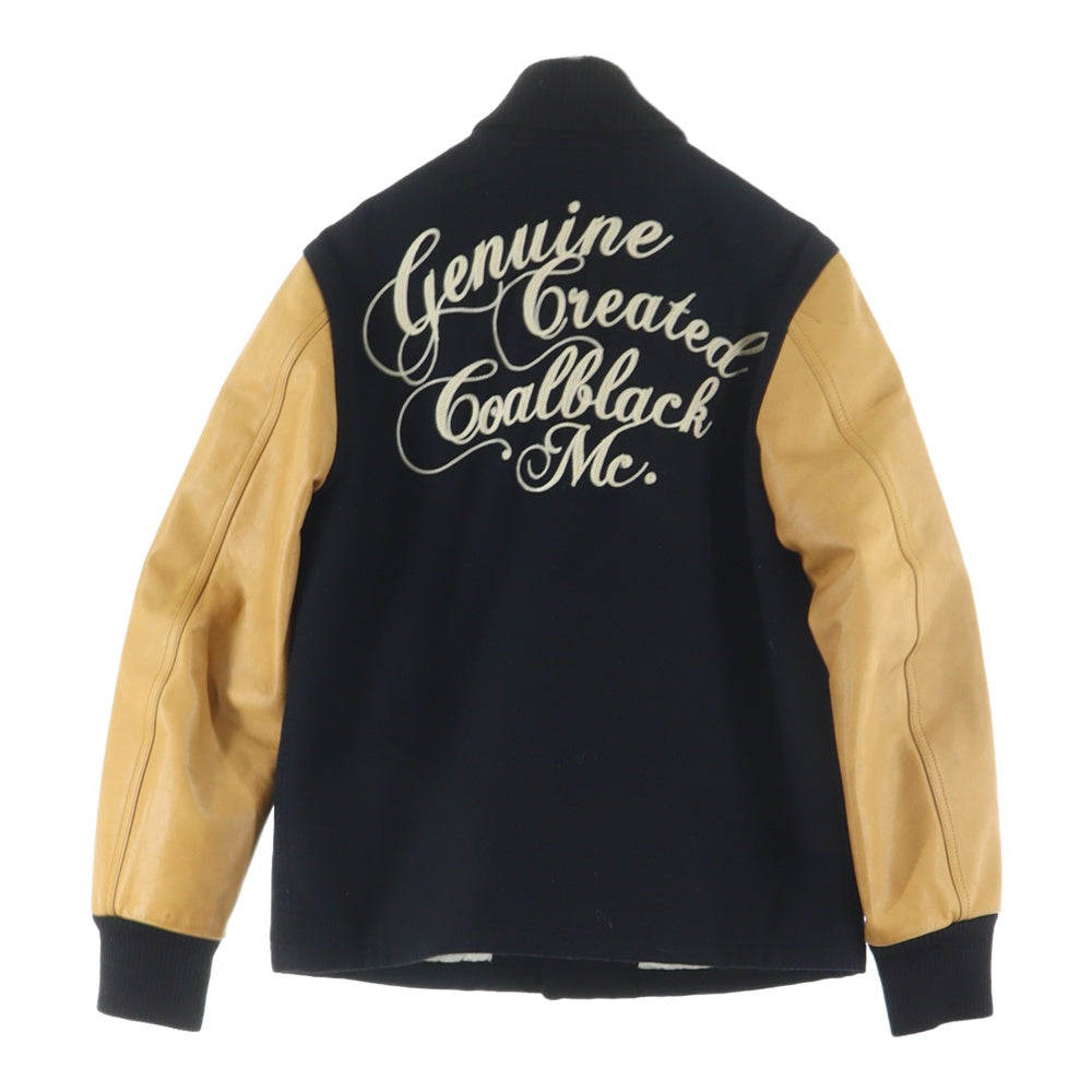 Coal Black(コールブラック) バックエンブロイダリーデザイン レザー切り替え ダブルポケット スタジアムジャンパー ファラオジャケット ブラック/ベージュ