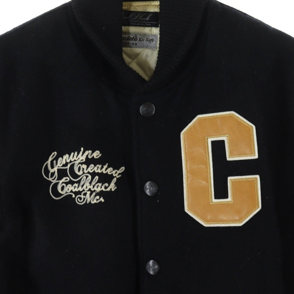 Coal Black(コールブラック) バックエンブロイダリーデザイン レザー切り替え ダブルポケット スタジアムジャンパー ファラオジャケット ブラック/ベージュ