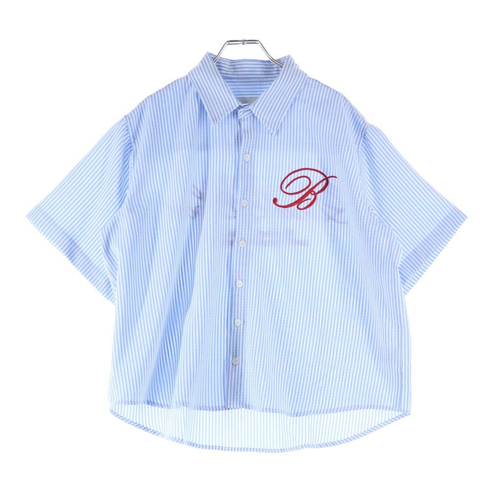 NO BRAND(ノーブランド) BADBLOOD バッドブラッド フロント刺繍 ナイロンストレッチ ストライプ柄 半袖シャツ ホワイト/ブルー