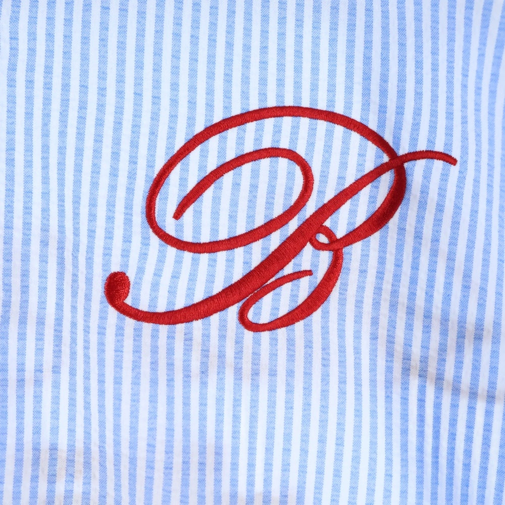 NO BRAND(ノーブランド) BADBLOOD バッドブラッド フロント刺繍 ナイロンストレッチ ストライプ柄 半袖シャツ ホワイト/ブルー