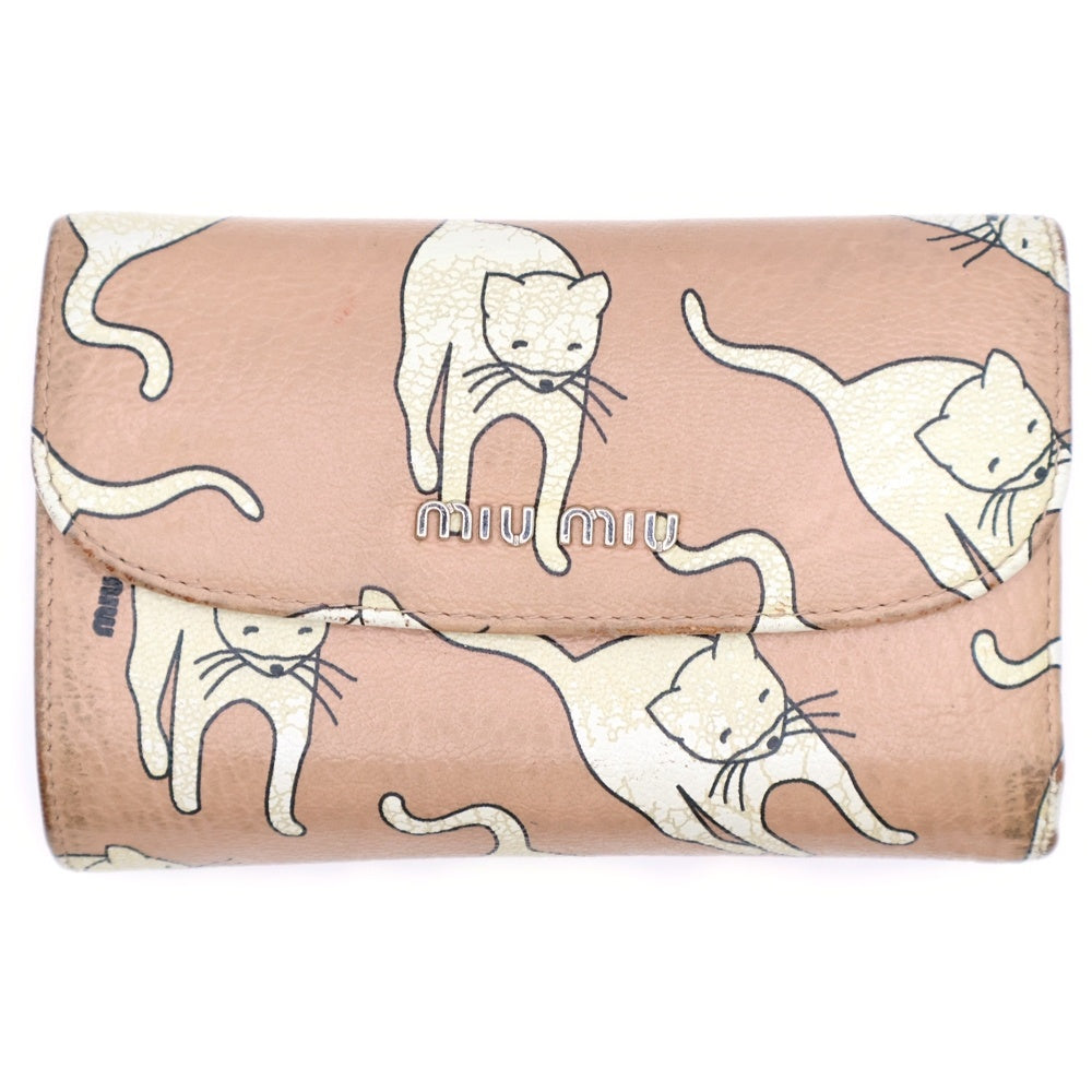 miumiu(ミュウミュウ) キャット プリント レザー ウォレット 三つ折り財布 ピンク レディース